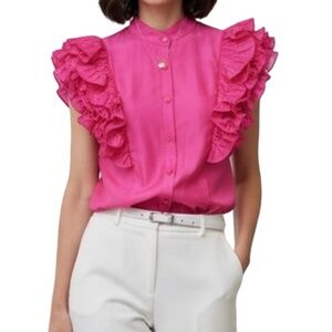 #A122   Nancy Barbiecore  Hot Pink  Organza  Ruffle Sleeve Top  NWT  Size M